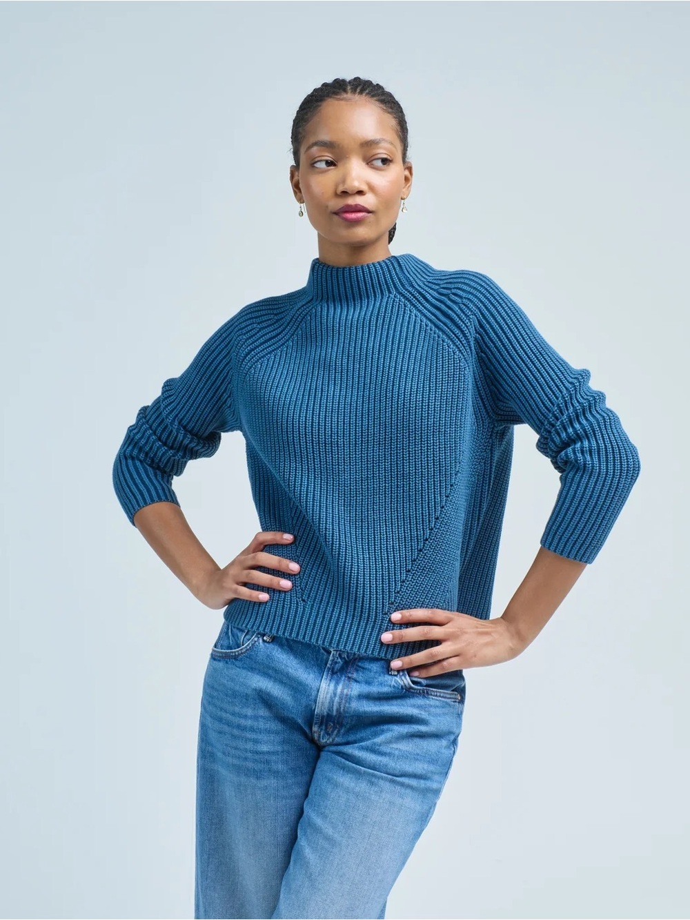 DemyLee Daphne Cotton Sweater Medium Indigo Blue Funnel Neck Ribbed Knit Fall